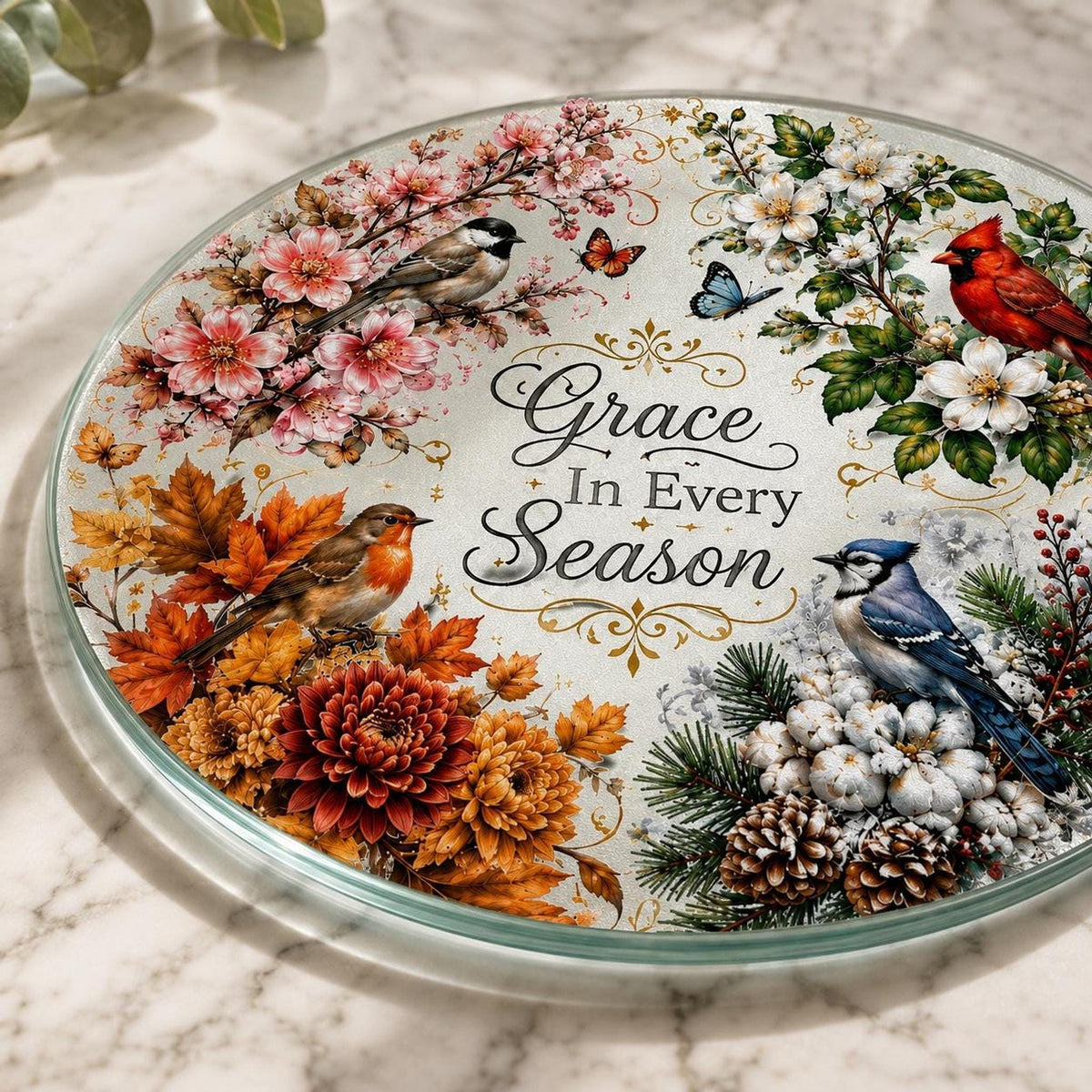 Glass Cutting Board, Round Tempered Charcuterie Serving Tray with Seasonal Design