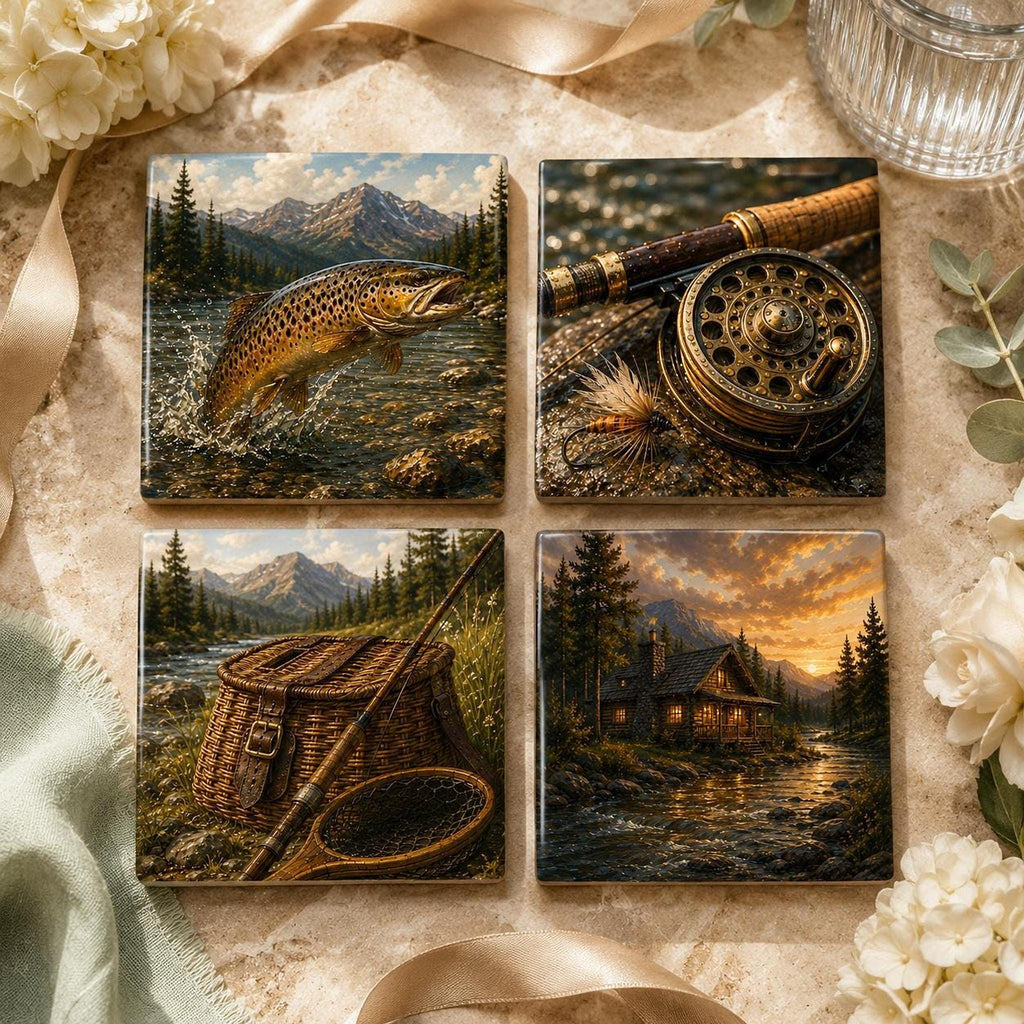 Cabin Table Decor Ceramic Coaster Set, Fly Fishing Artwork