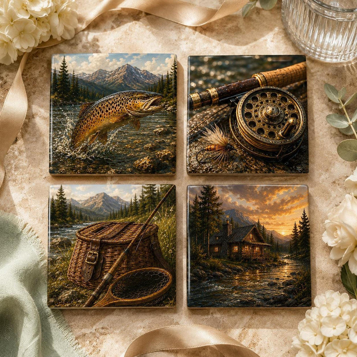 Cabin Table Decor Ceramic Coaster Set, Fly Fishing Artwork