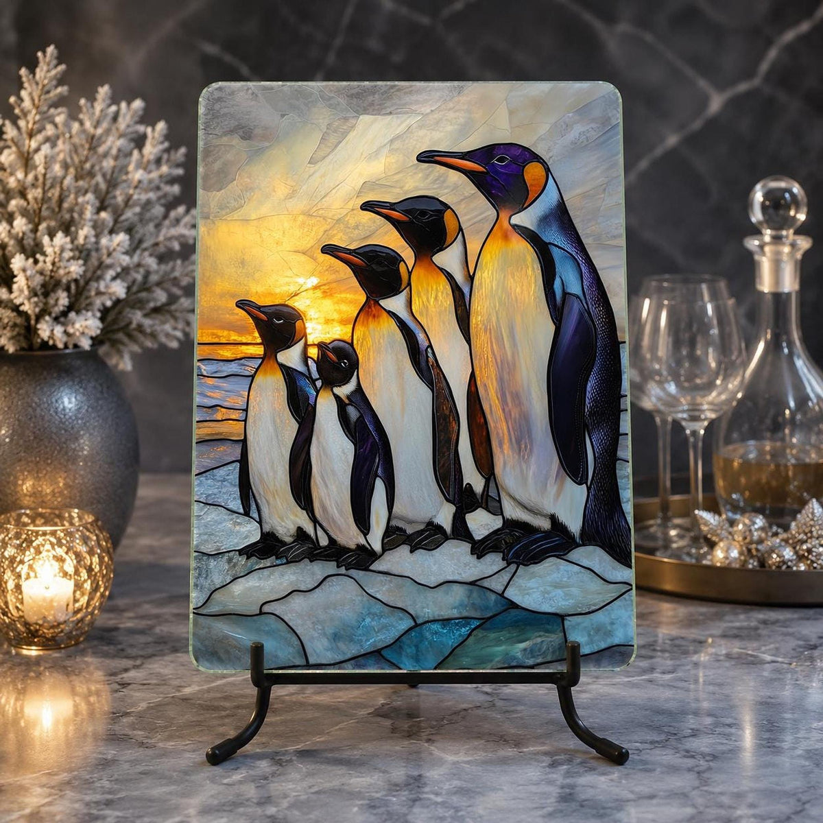 Tempered Glass Board, Penguin Family Design, 8x11 or 11x15 Inches
