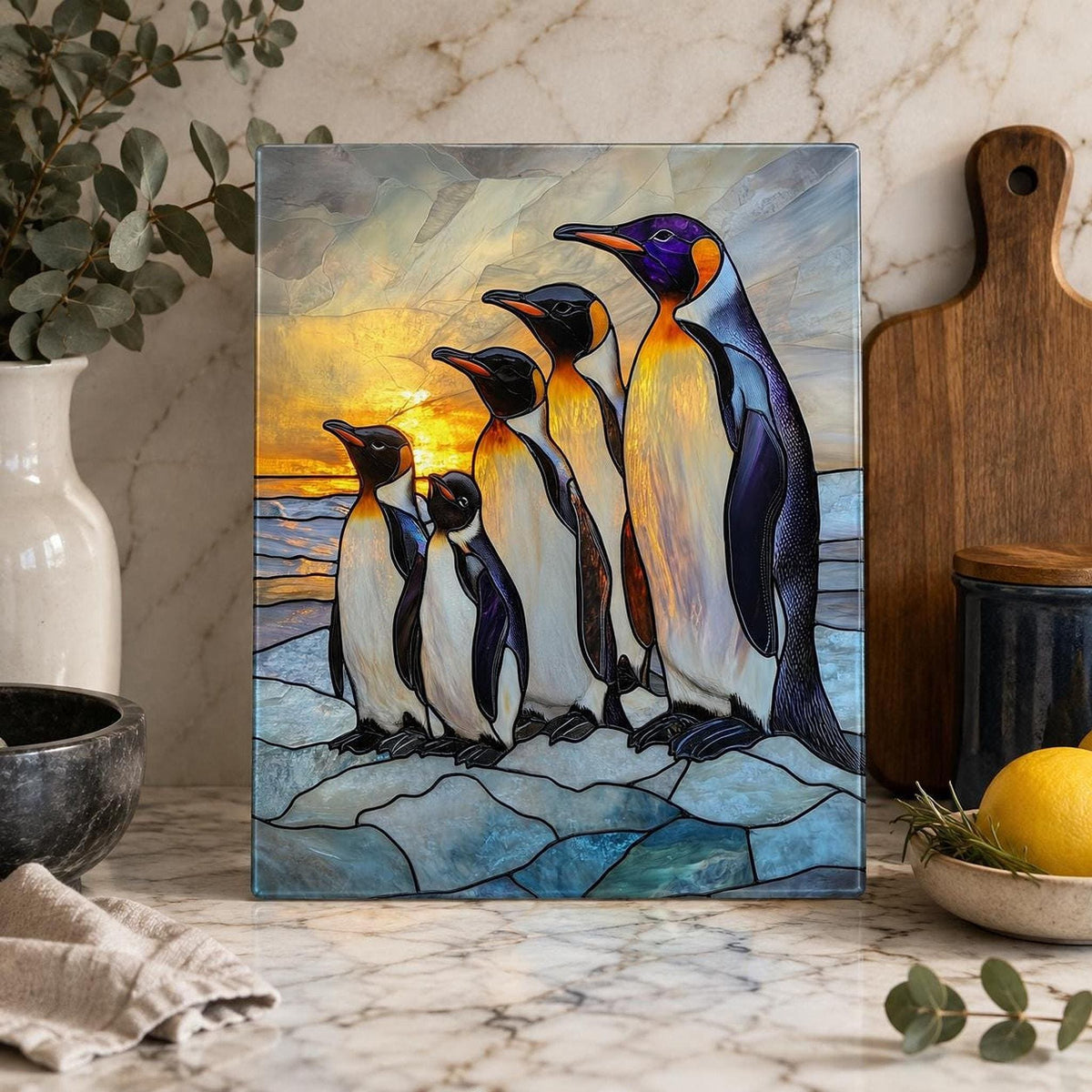 Tempered Glass Board, Penguin Family Design, 8x11 or 11x15 Inches