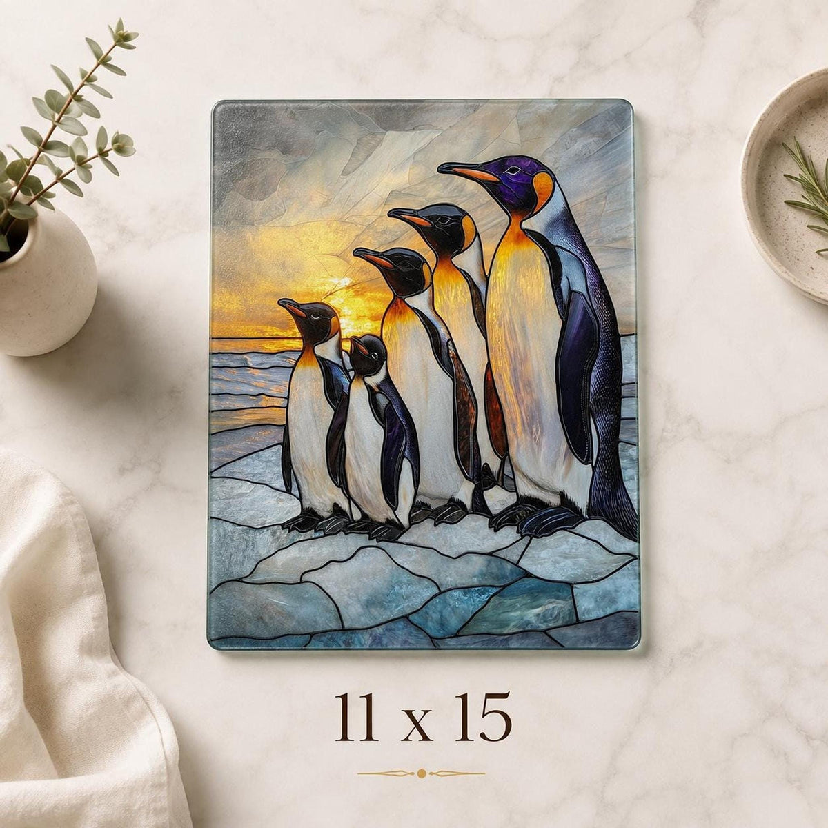 Tempered Glass Board, Penguin Family Design, 8x11 or 11x15 Inches