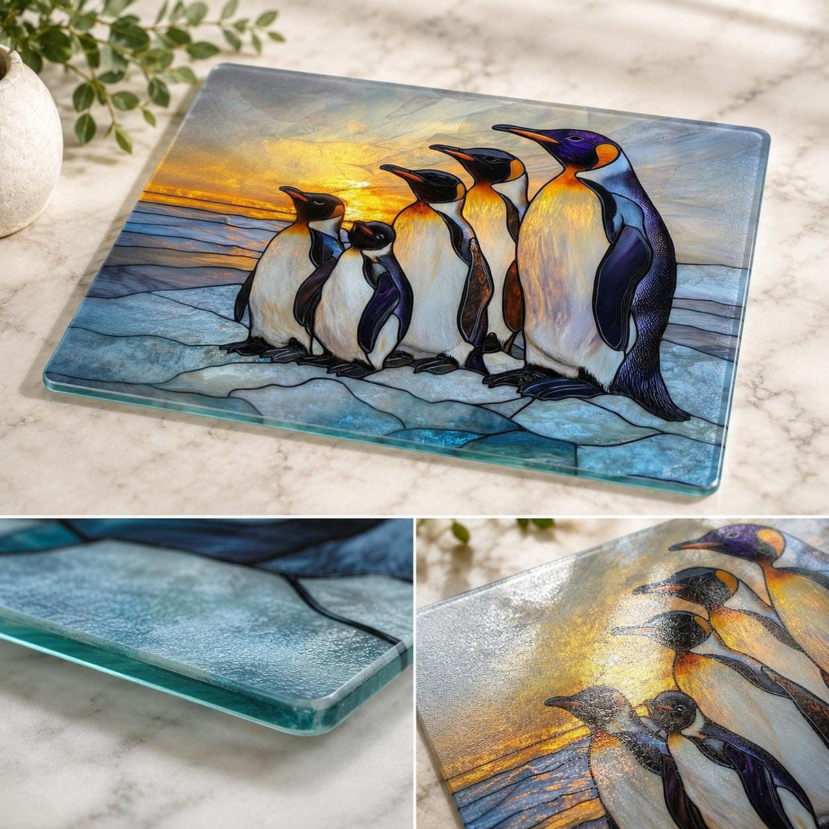 Tempered Glass Board, Penguin Family Design, 8x11 or 11x15 Inches