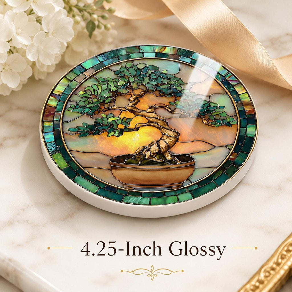 Bonsai Coaster, Ceramic Stained Glass Tree Art with Glossy or Matte Finish