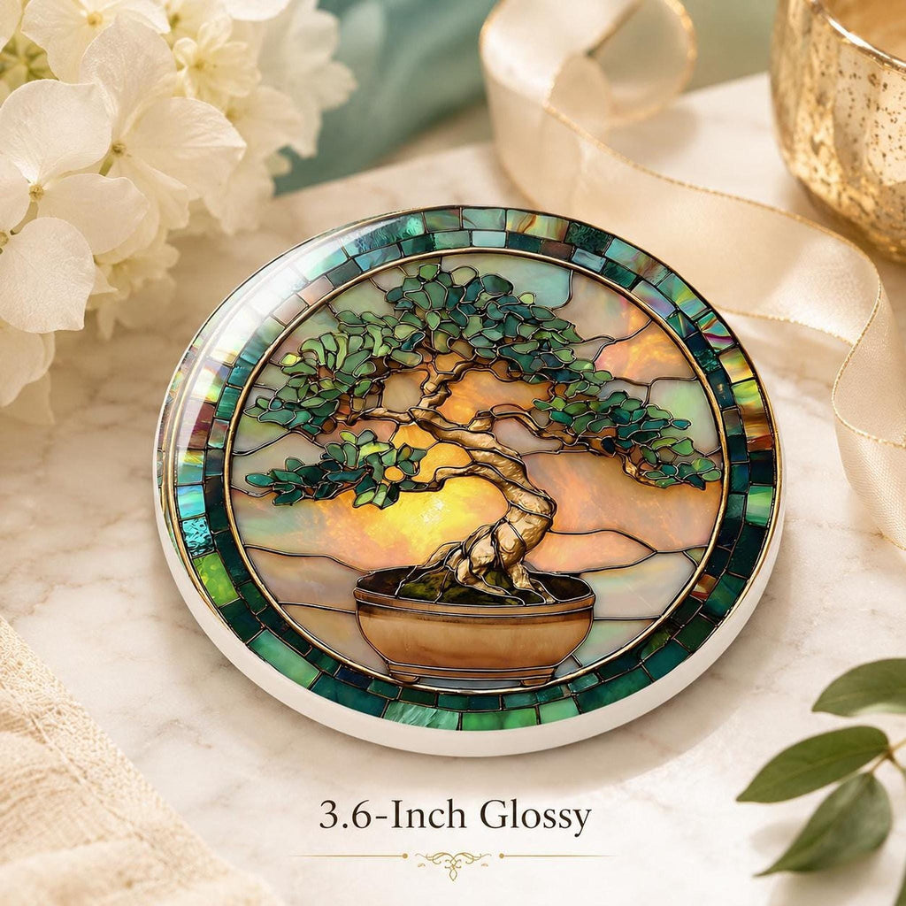 Bonsai Coaster, Ceramic Stained Glass Tree Art with Glossy or Matte Finish