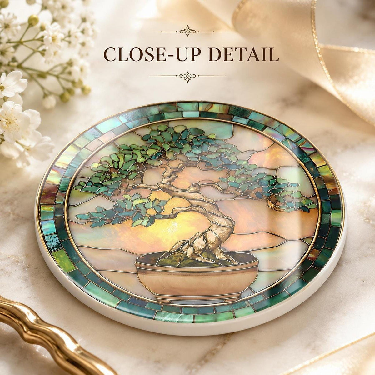 Bonsai Coaster, Ceramic Stained Glass Tree Art with Glossy or Matte Finish
