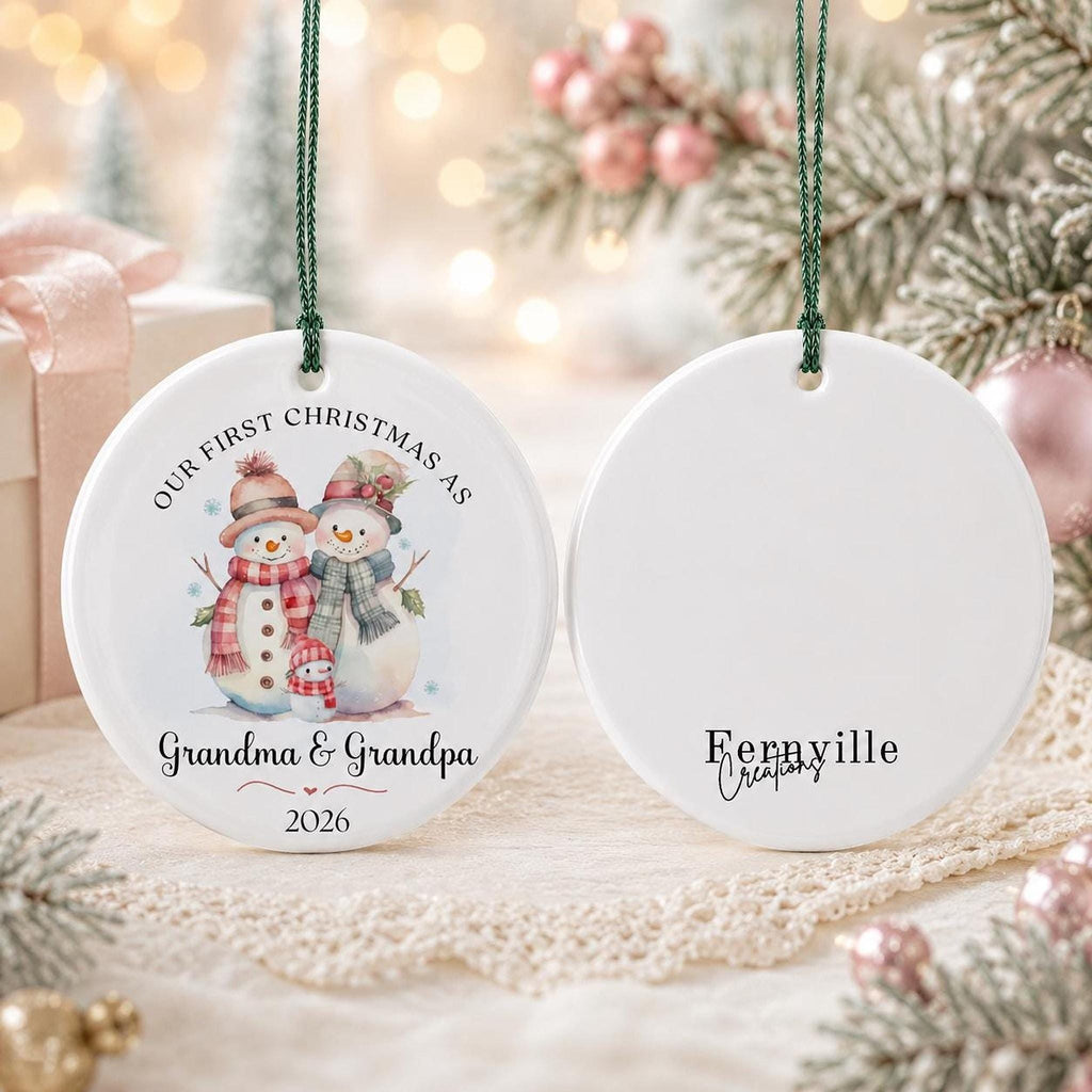 Grandma Ornament, Ceramic Snowman Keepsake for Our First Christmas with Personalized Back
