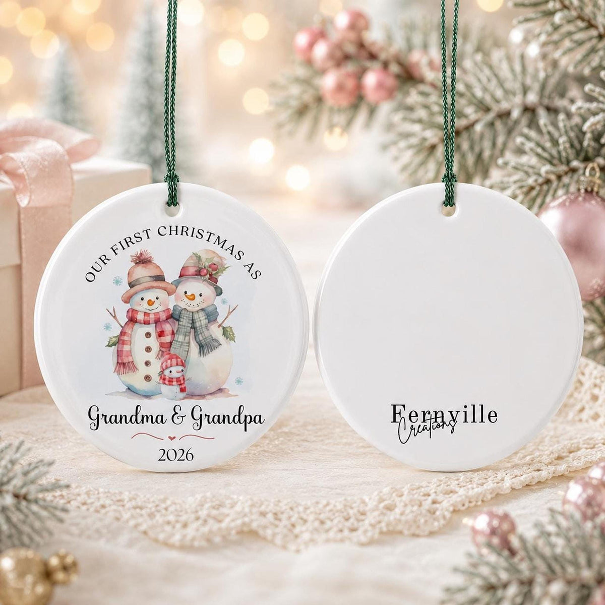 Grandma Ornament, Ceramic Snowman Keepsake for Our First Christmas with Personalized Back