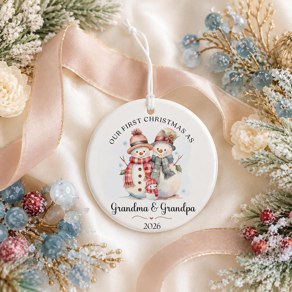 Grandma Ornament, Ceramic Snowman Keepsake for Our First Christmas with Personalized Back