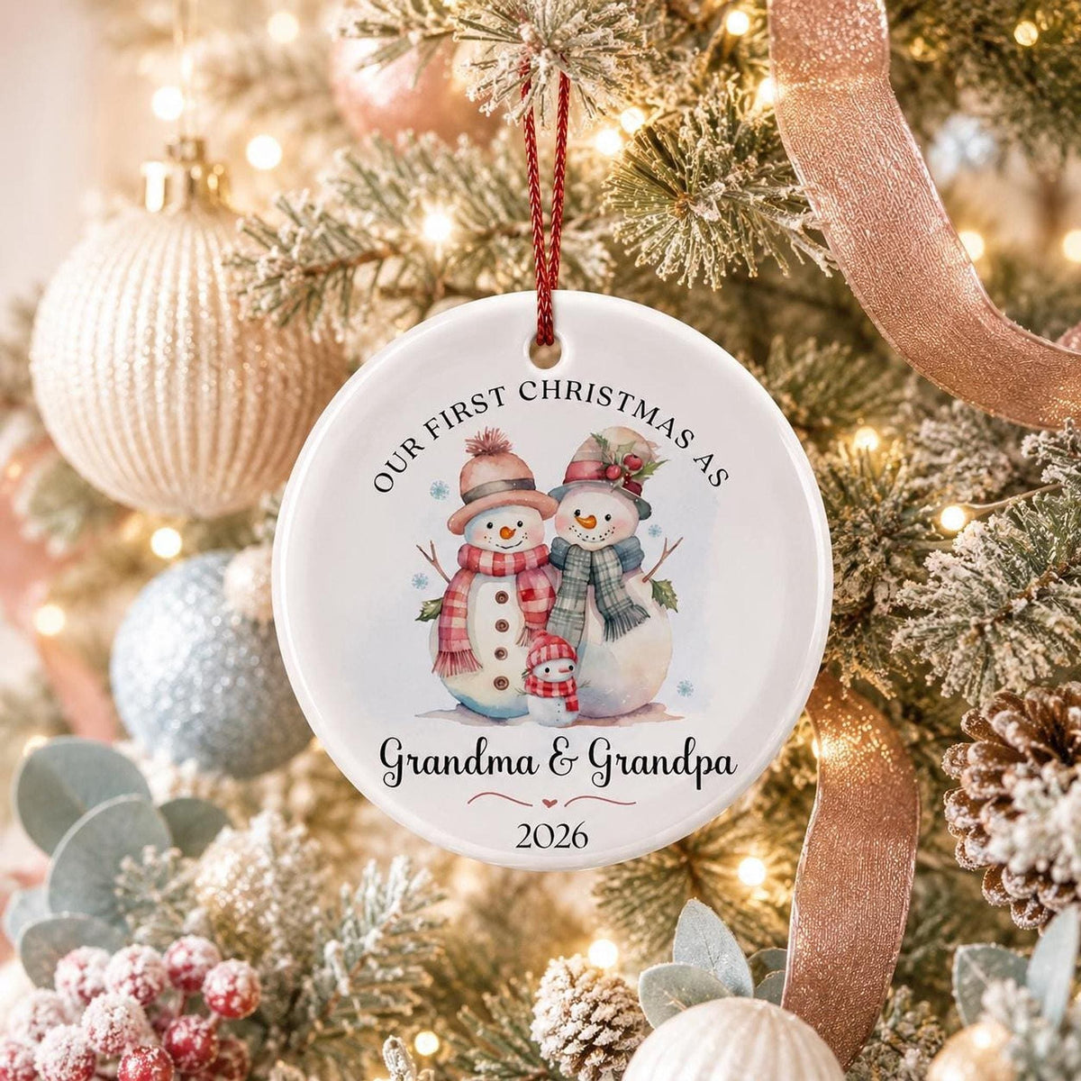 Grandma Ornament, Ceramic Snowman Keepsake for Our First Christmas with Personalized Back