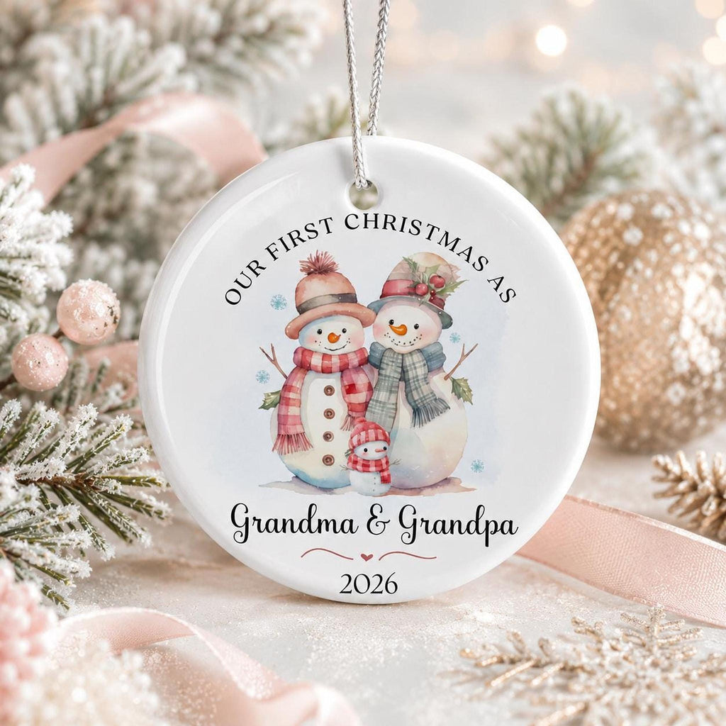 Grandma Ornament, Ceramic Snowman Keepsake for Our First Christmas with Personalized Back