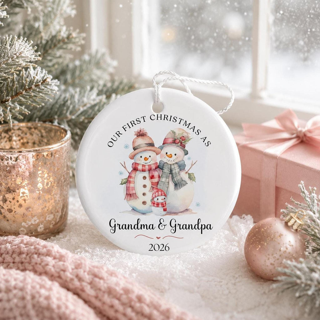 Grandma Ornament, Ceramic Snowman Keepsake for Our First Christmas with Personalized Back