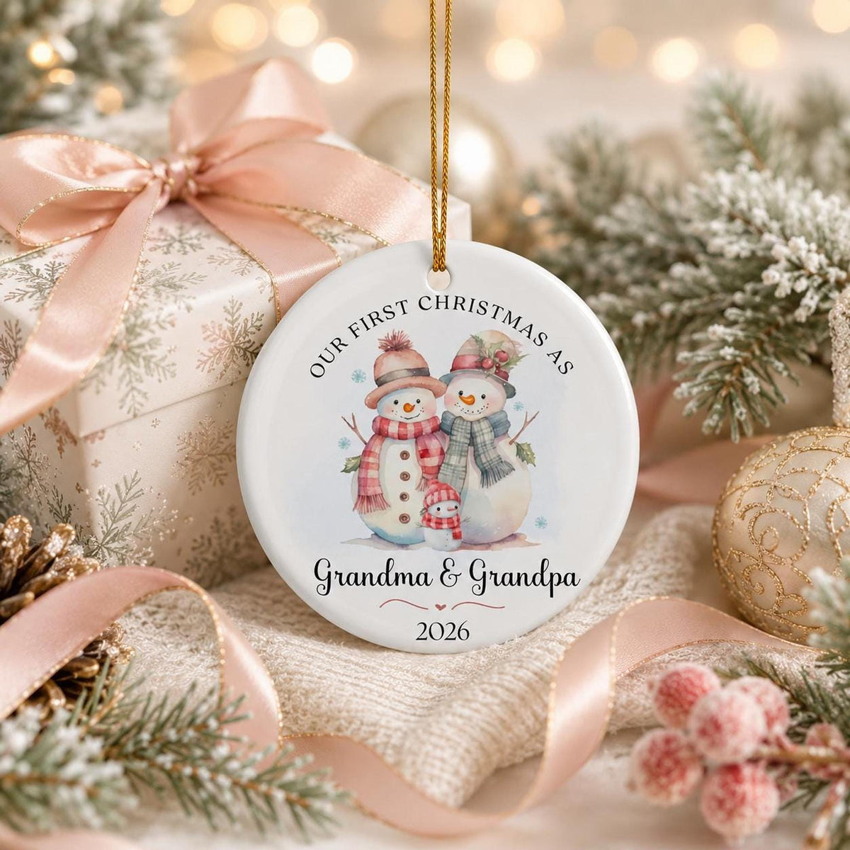Grandma Ornament, Ceramic Snowman Keepsake for Our First Christmas with Personalized Back