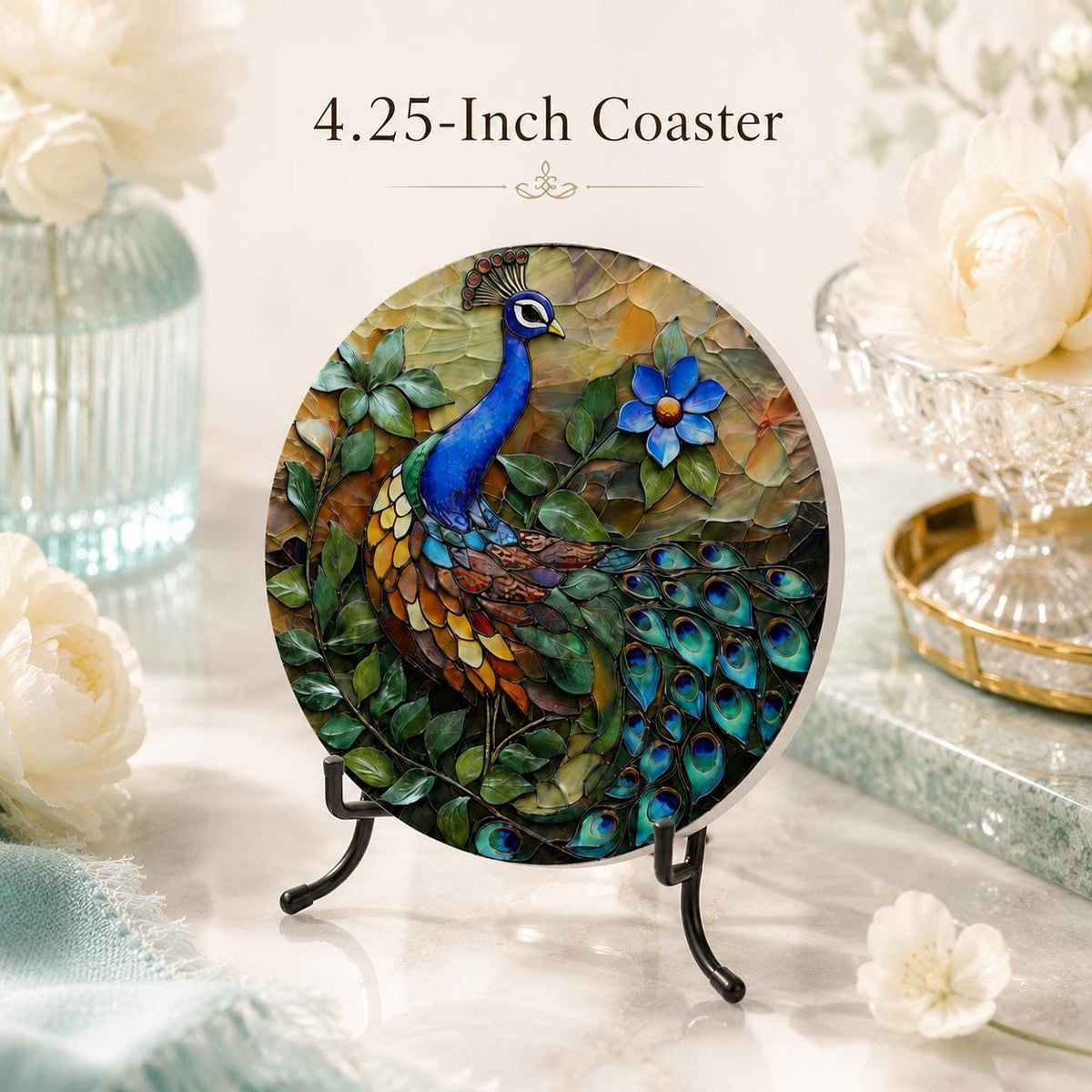 Peacock Ceramic Coaster, Colorful Bird Decor, Tropical Floral Accent, Nature Lover Gift