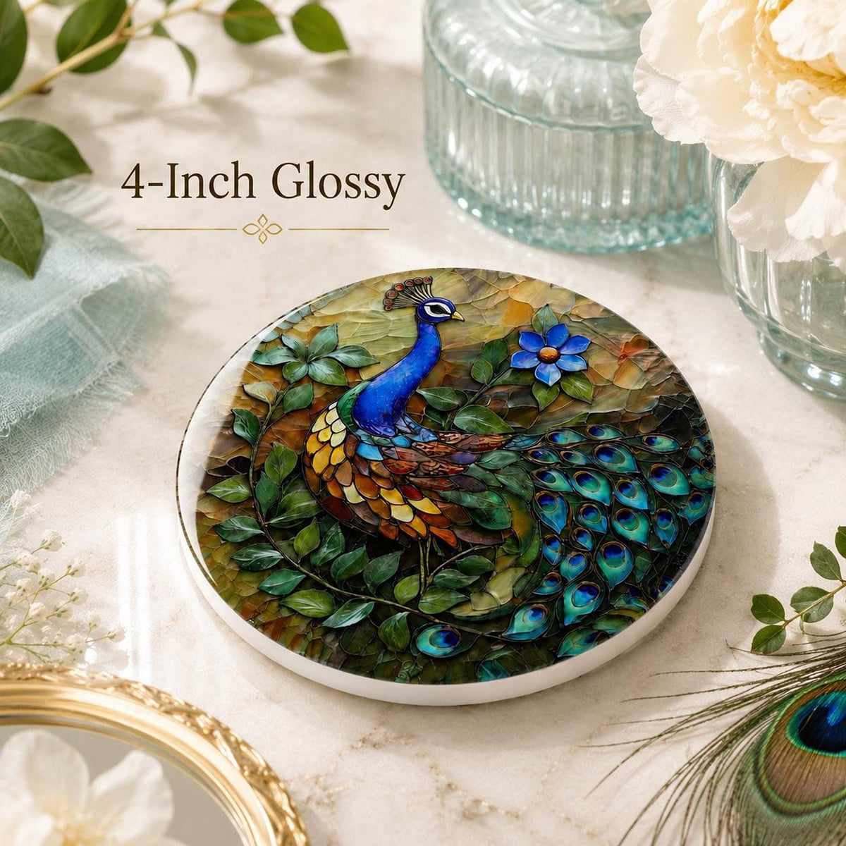 Peacock Ceramic Coaster, Colorful Bird Decor, Tropical Floral Accent, Nature Lover Gift