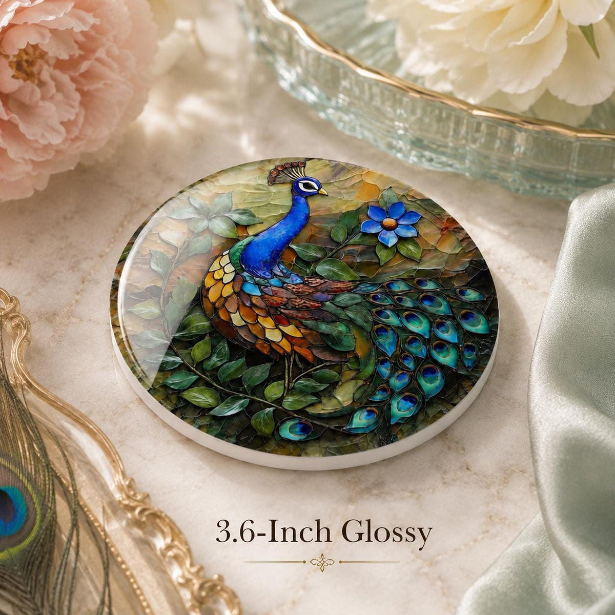 Peacock Ceramic Coaster, Colorful Bird Decor, Tropical Floral Accent, Nature Lover Gift