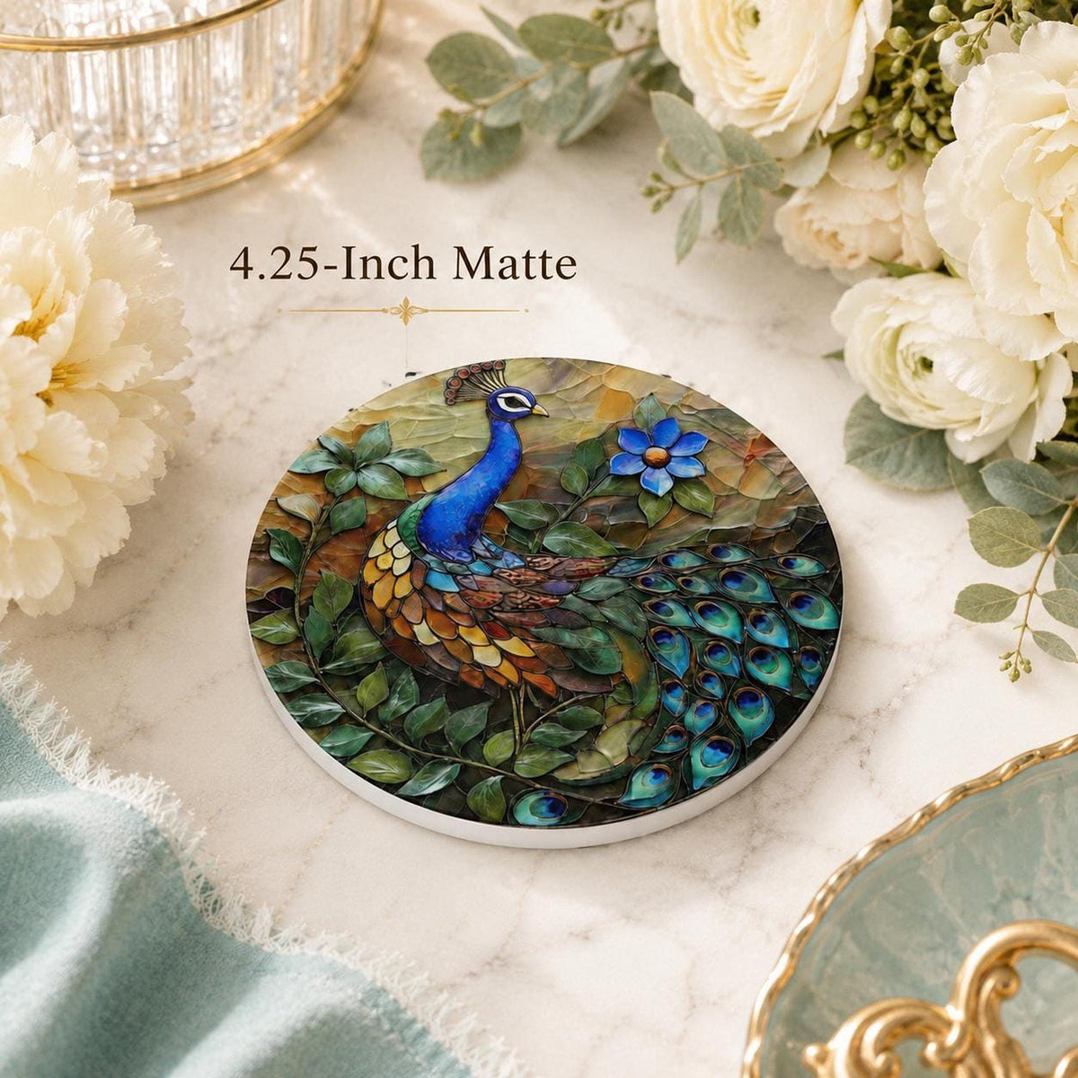 Peacock Ceramic Coaster, Colorful Bird Decor, Tropical Floral Accent, Nature Lover Gift