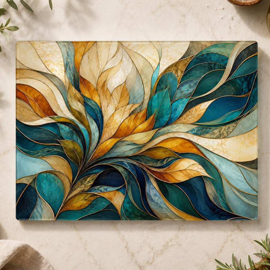Glass Cutting Board, Tempered Charcuterie Serving Surface in Teal and Gold