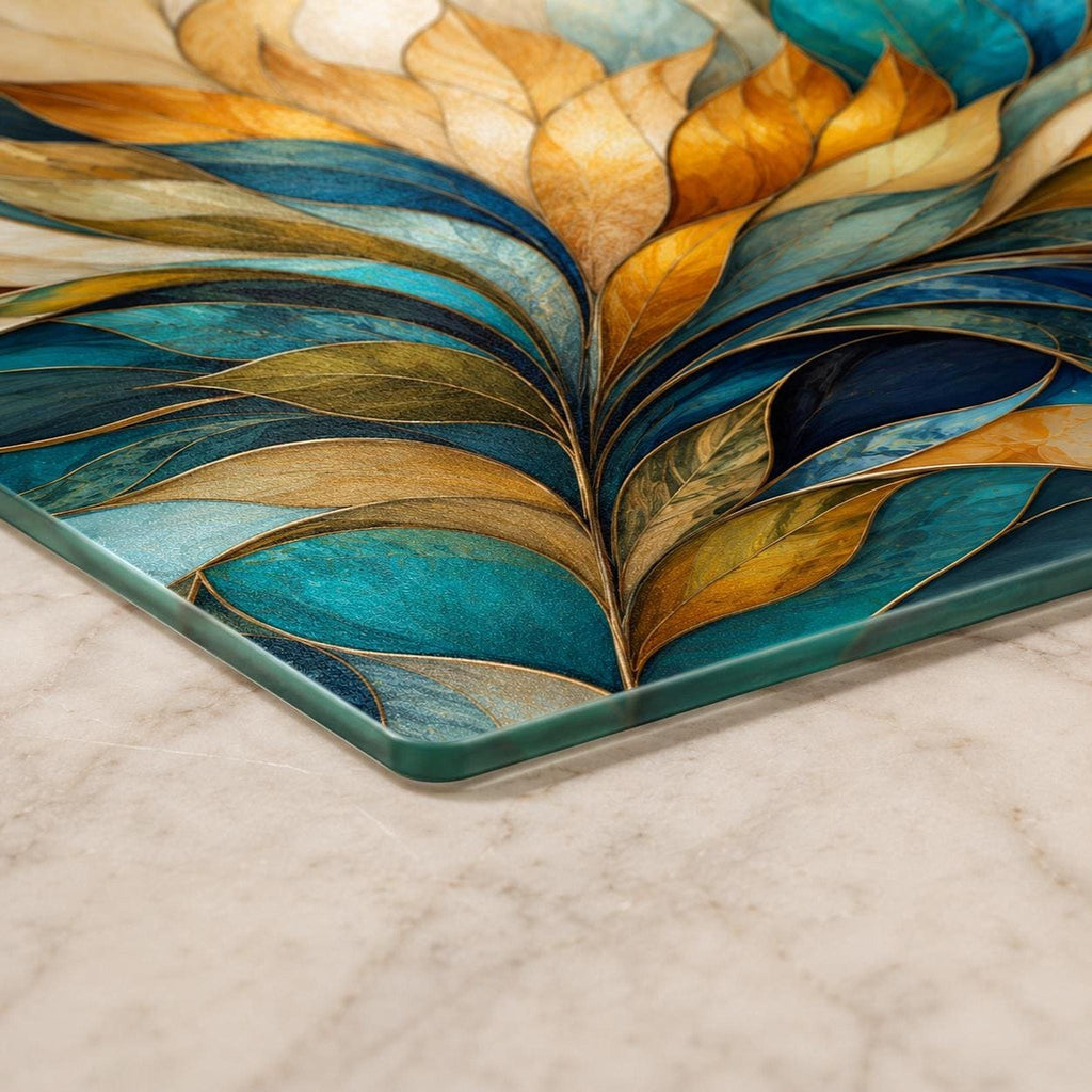 Glass Cutting Board, Tempered Charcuterie Serving Surface in Teal and Gold