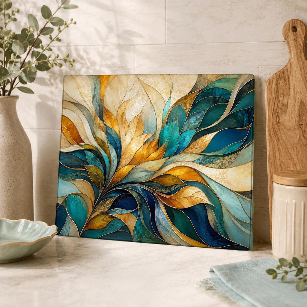 Glass Cutting Board, Tempered Charcuterie Serving Surface in Teal and Gold