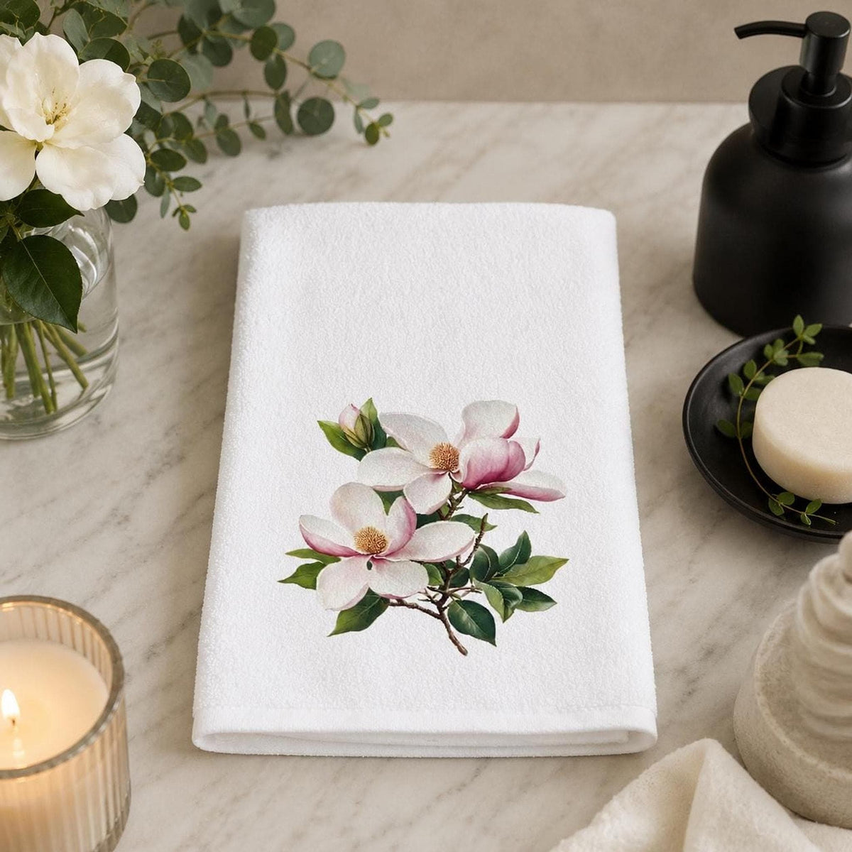 Magnolia Towel, 15 × 25 Inch Floral Bath Accent, Cotton Terry Back