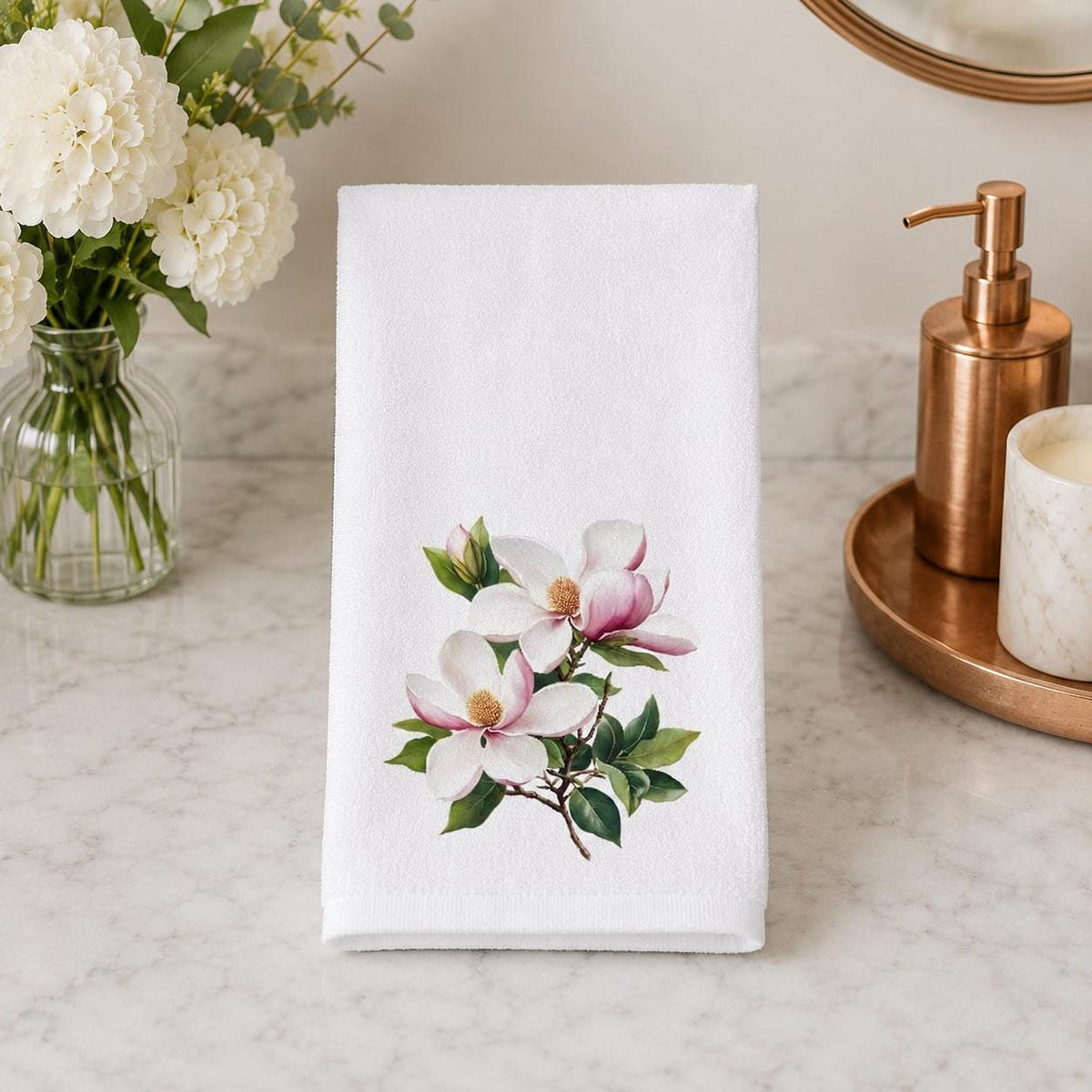 Magnolia Towel, 15 × 25 Inch Floral Bath Accent, Cotton Terry Back