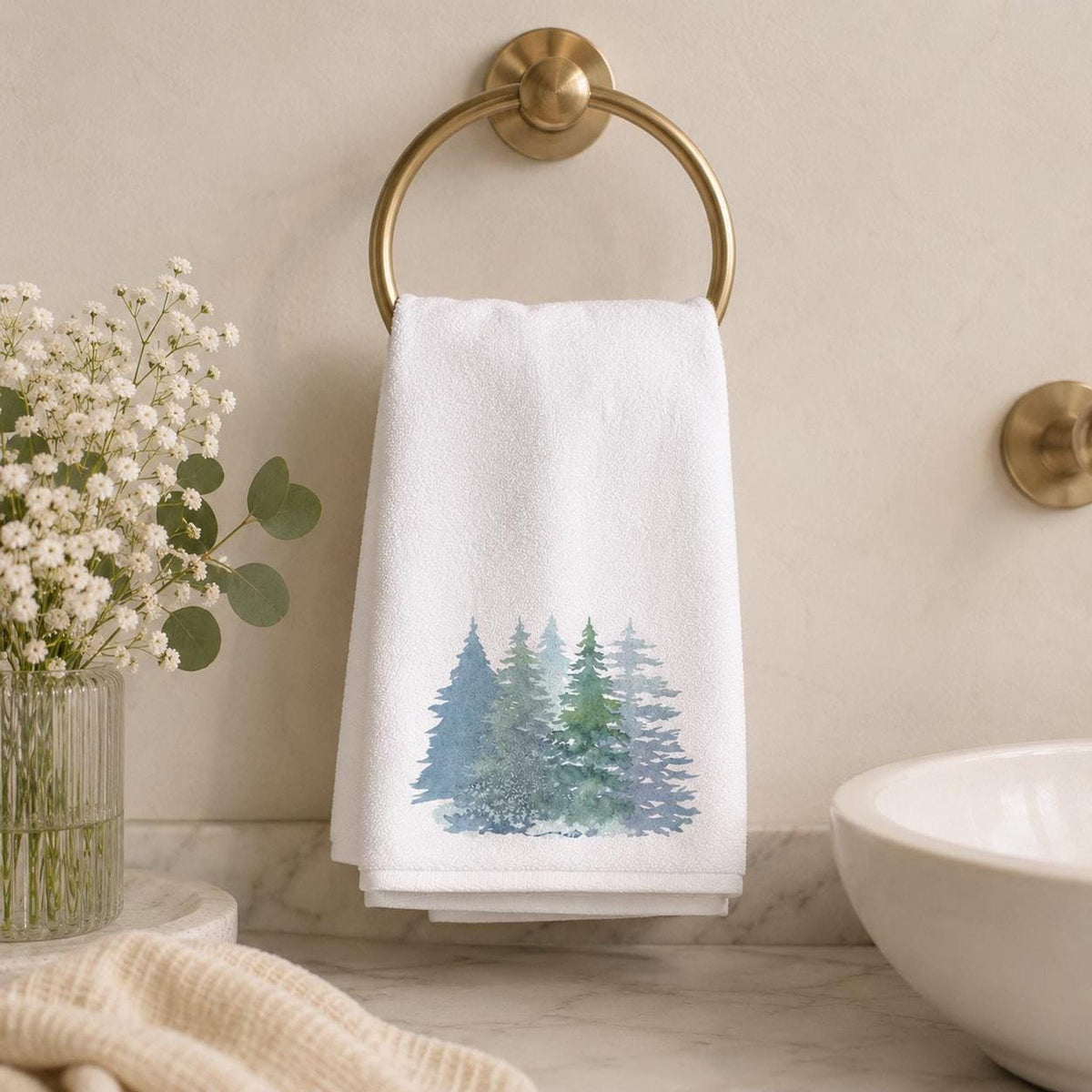 Evergreen Fingertip Towel, Watercolor Pine Forest Decor, Winter Guest Bath Accent, Nature Lover Gift