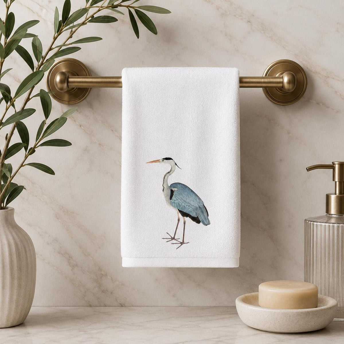 Fingertip Towel, White Blue Heron Print, 11 x 18 Inch Cotton Terrycloth Back