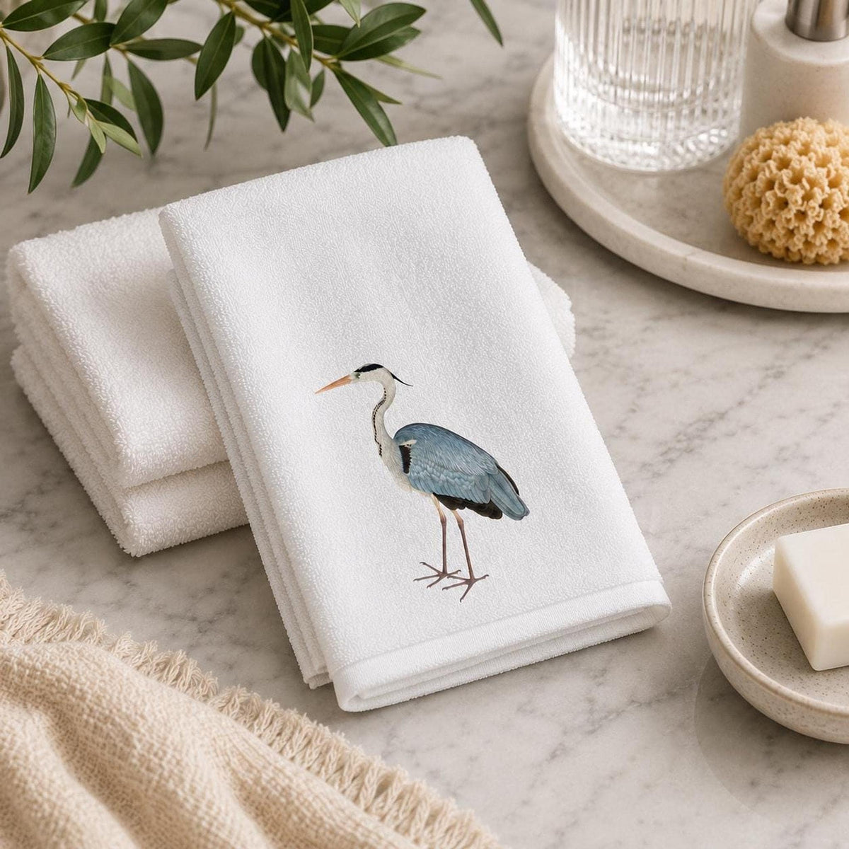 Fingertip Towel, White Blue Heron Print, 11 x 18 Inch Cotton Terrycloth Back