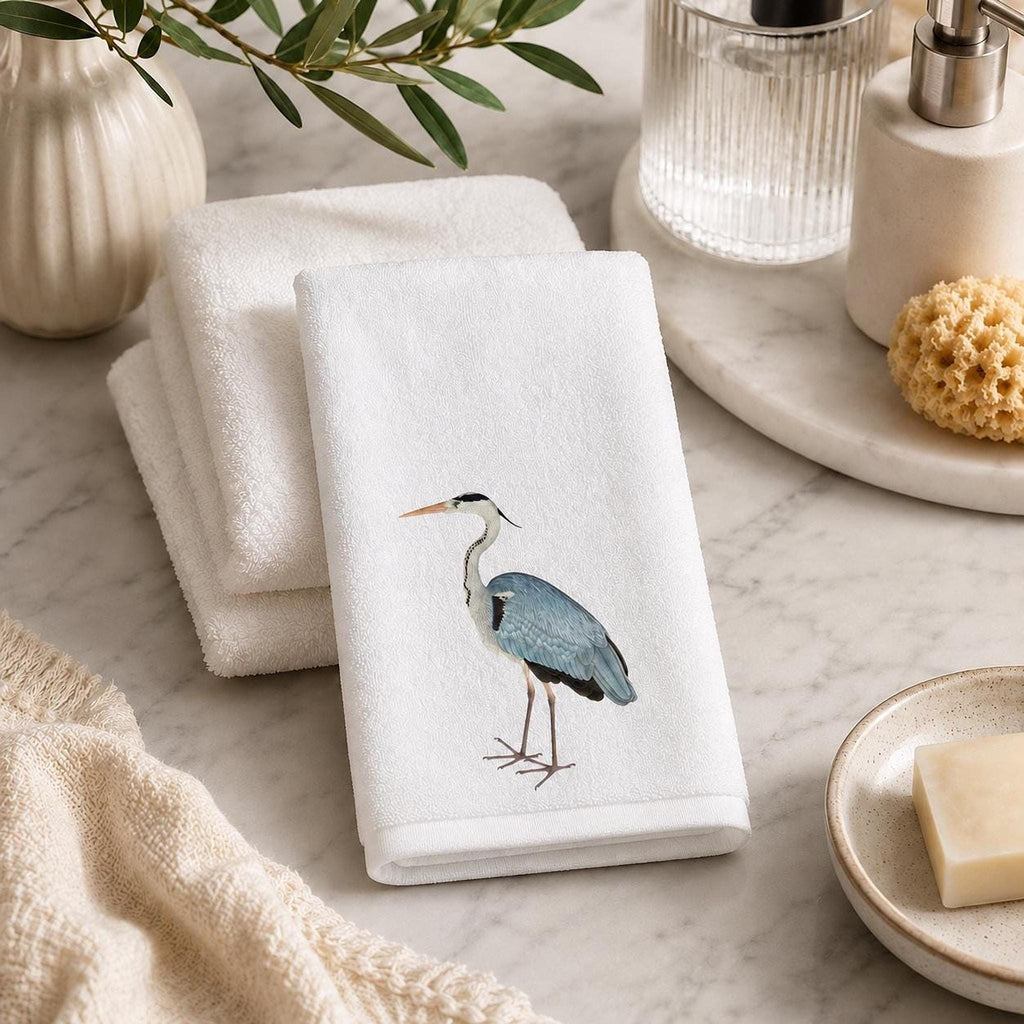 Fingertip Towel, White Blue Heron Print, 11 x 18 Inch Cotton Terrycloth Back