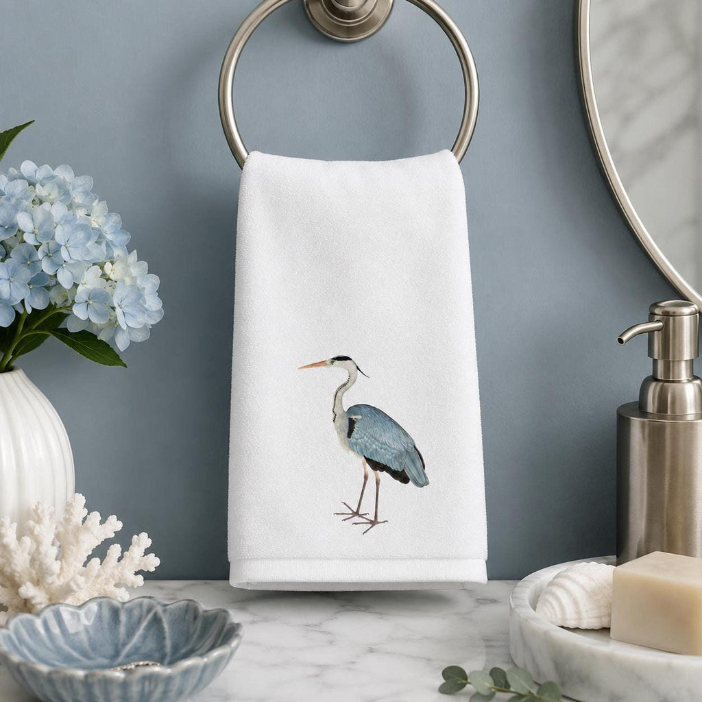 Fingertip Towel, White Blue Heron Print, 11 x 18 Inch Cotton Terrycloth Back
