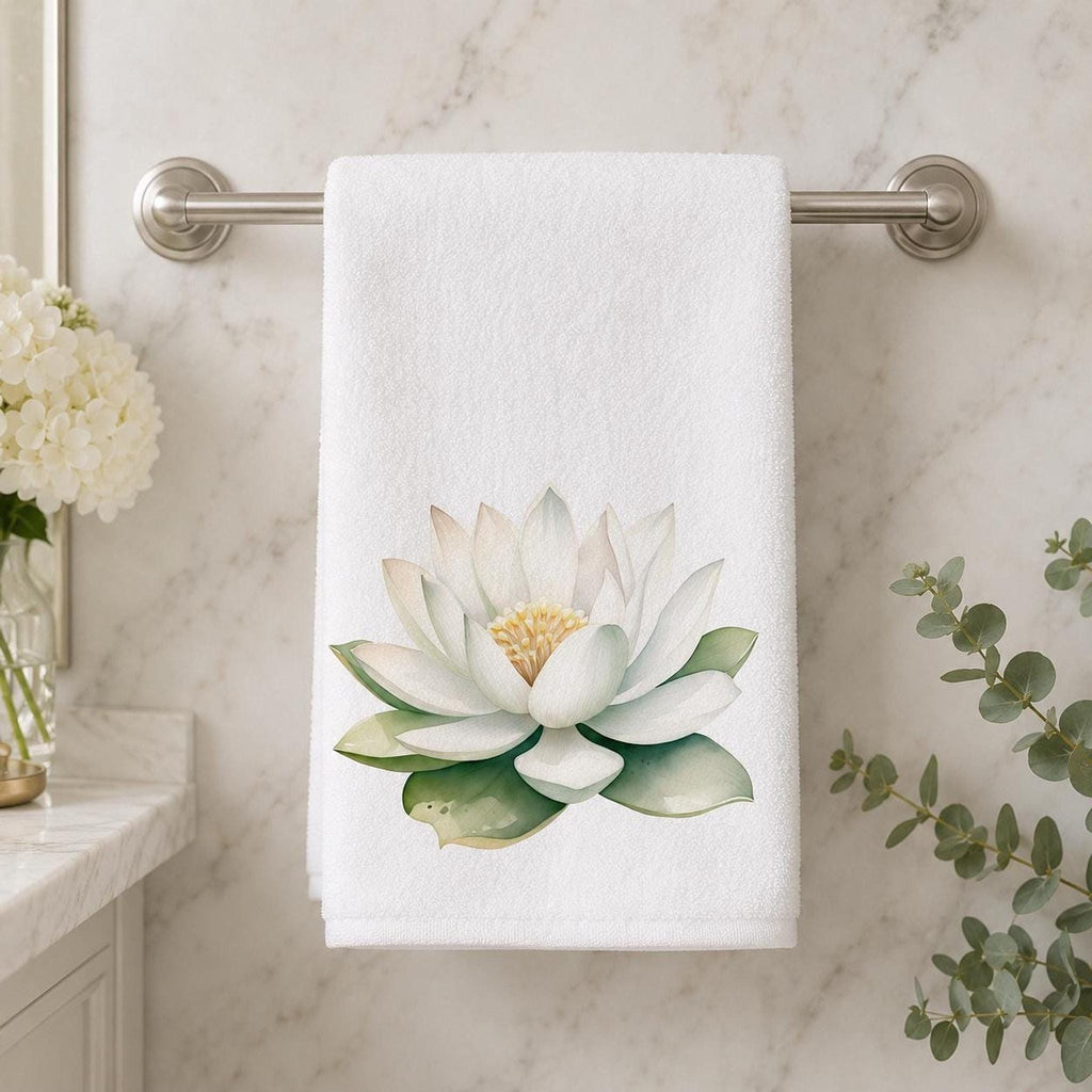 Spa Hand Towel, White Lotus Floral Print, 15 × 25-Inch Cotton Terry Back
