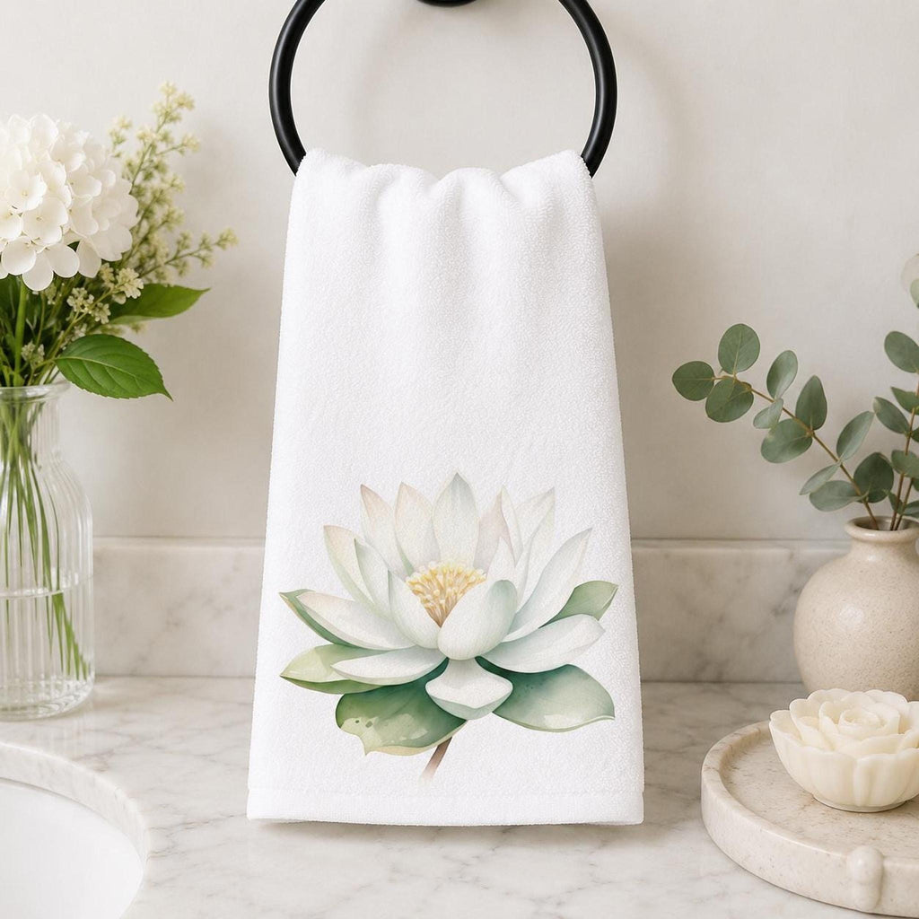 Spa Hand Towel, White Lotus Floral Print, 15 × 25-Inch Cotton Terry Back