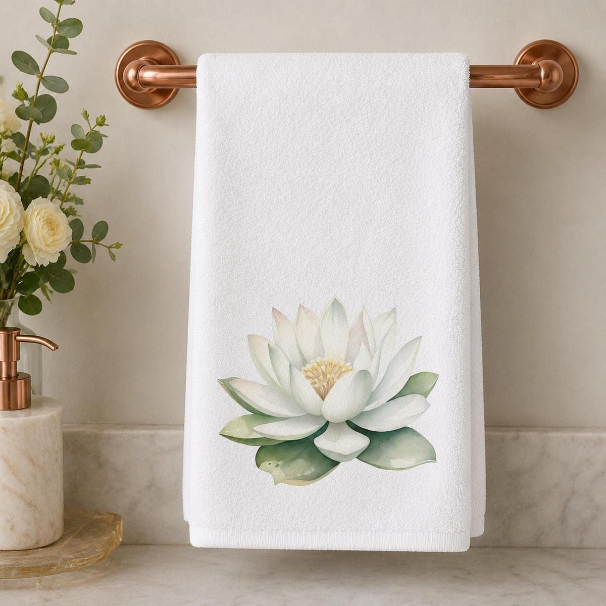 Spa Hand Towel, White Lotus Floral Print, 15 × 25-Inch Cotton Terry Back