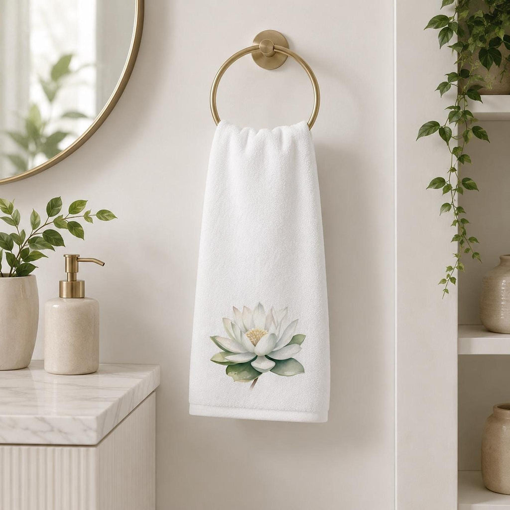 White Lotus Bath Towel, Botanical Bathroom Decor, Spa-Inspired Floral Accent, Nature Lover Gift
