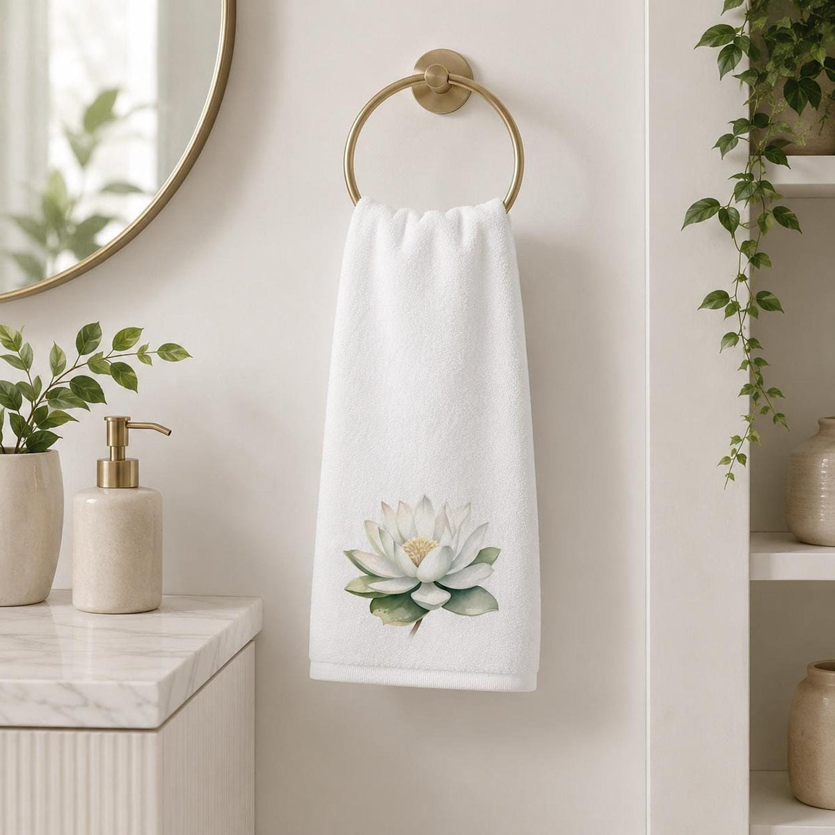 White Lotus Bath Towel, Botanical Bathroom Decor, Spa-Inspired Floral Accent, Nature Lover Gift