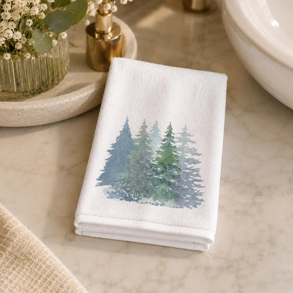 Fingertip Towel, Watercolor Pine Forest Design, 11 x 18 Inch Cotton Terry Back
