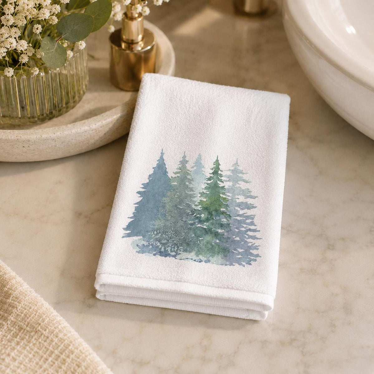 Fingertip Towel, Watercolor Pine Forest Design, 11 x 18 Inch Cotton Terry Back