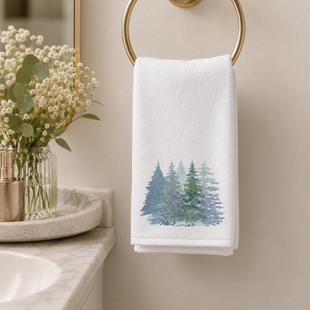 Fingertip Towel, Watercolor Pine Forest Design, 11 x 18 Inch Cotton Terry Back
