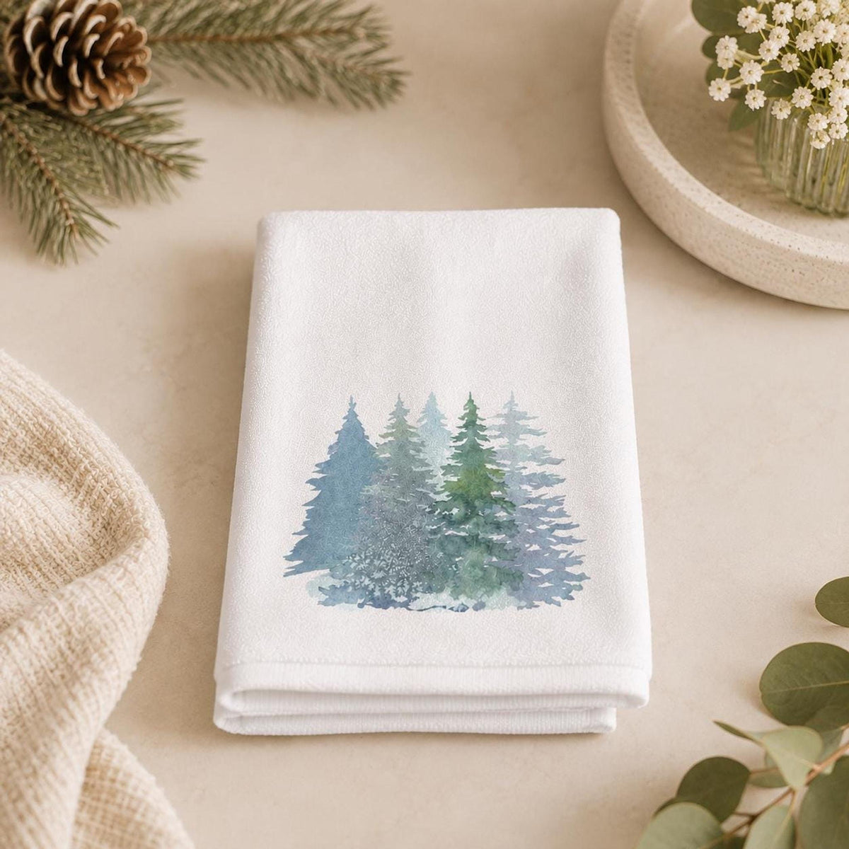Fingertip Towel, Watercolor Pine Forest Design, 11 x 18 Inch Cotton Terry Back