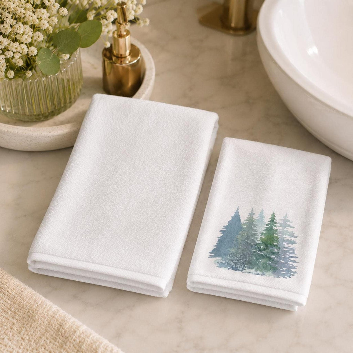 Fingertip Towel, Watercolor Pine Forest Design, 11 x 18 Inch Cotton Terry Back