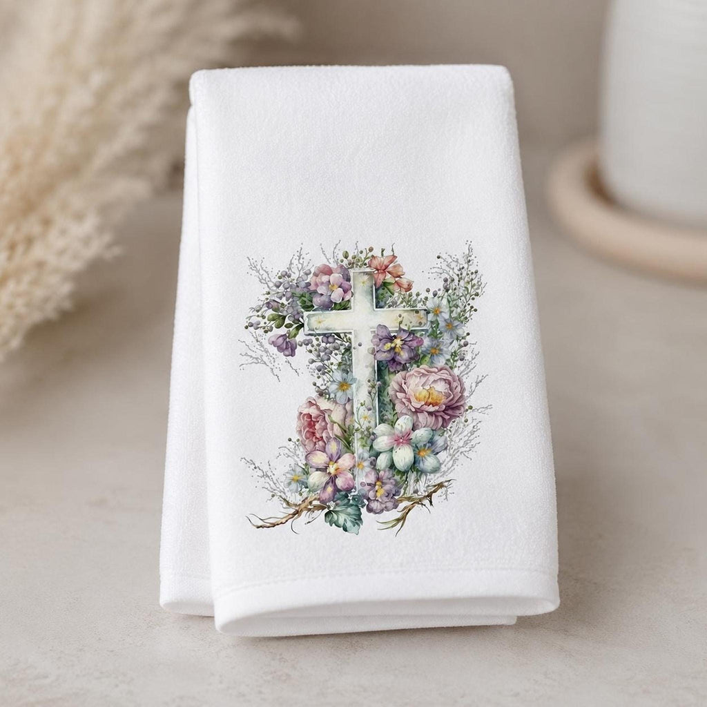 Floral Cross Fingertip Towel, Christian Guest Bath Decor, Easter Faith Gift, Religious Home Accent