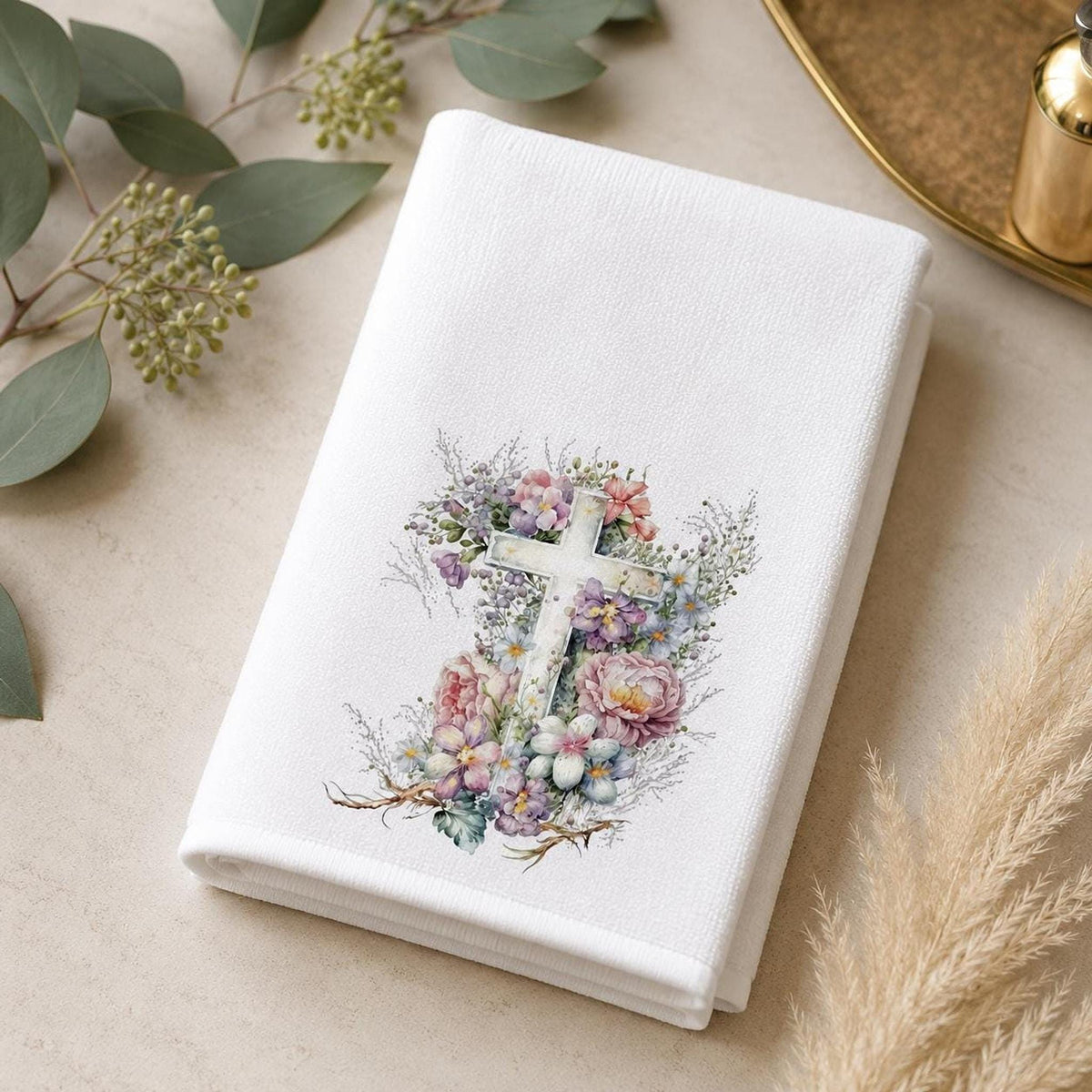 Floral Cross Fingertip Towel, Christian Guest Bath Decor, Easter Faith Gift, Religious Home Accent