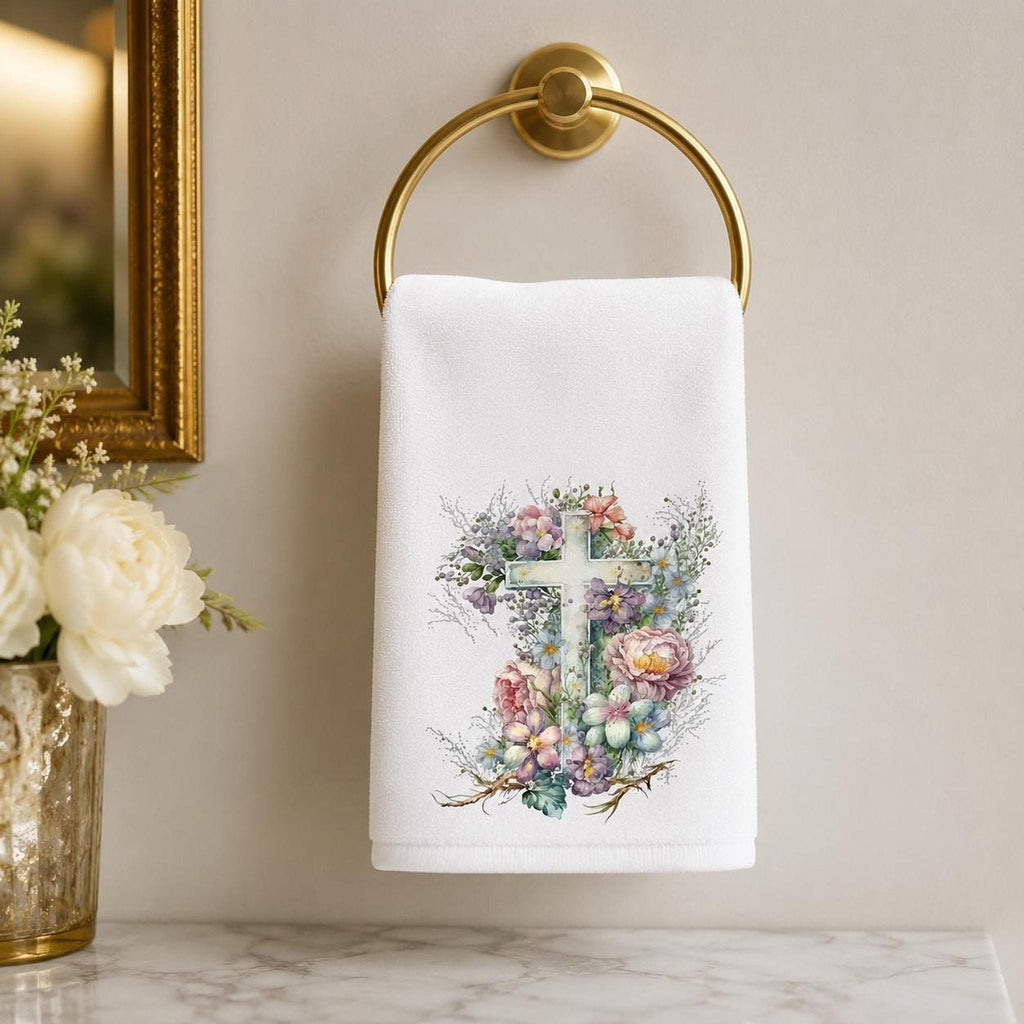 Floral Cross Fingertip Towel, Christian Guest Bath Decor, Easter Faith Gift, Religious Home Accent