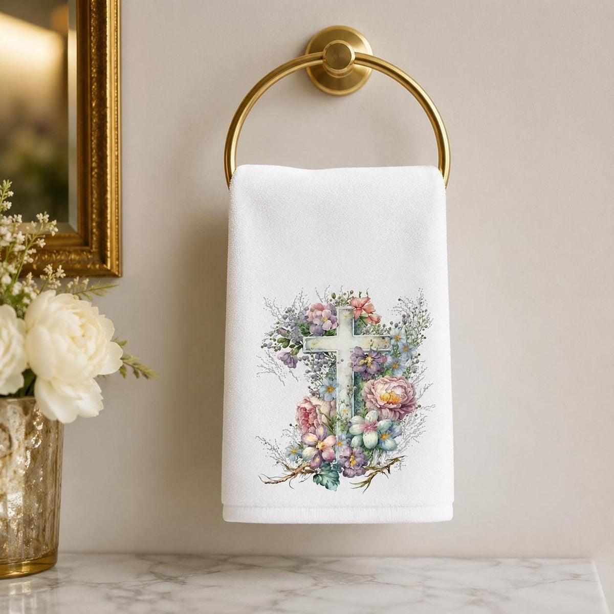 Floral Cross Fingertip Towel, Christian Guest Bath Decor, Easter Faith Gift, Religious Home Accent