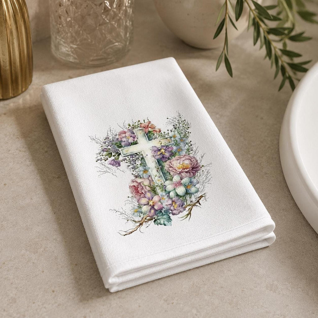 Floral Cross Fingertip Towel, Christian Guest Bath Decor, Easter Faith Gift, Religious Home Accent