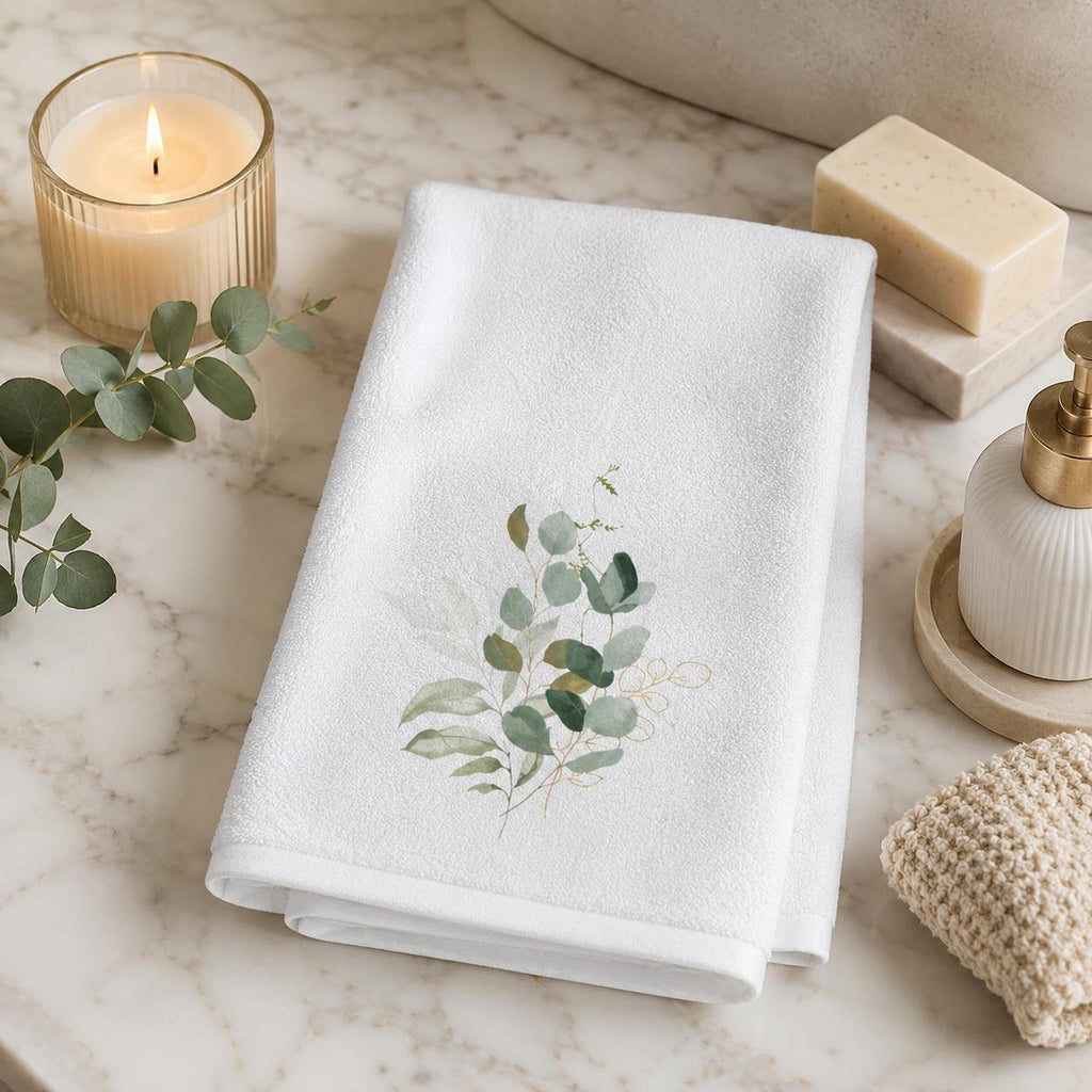 Spa Hand Towel, White Eucalyptus Botanical Design, Cotton Terrycloth Back