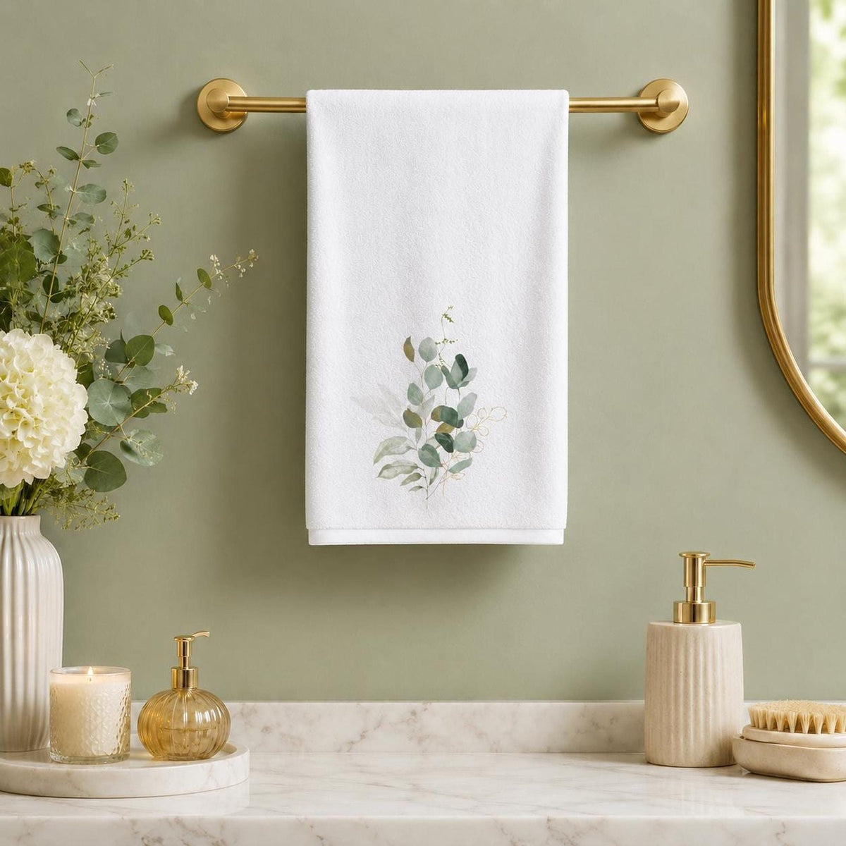 Spa Hand Towel, White Eucalyptus Botanical Design, Cotton Terrycloth Back