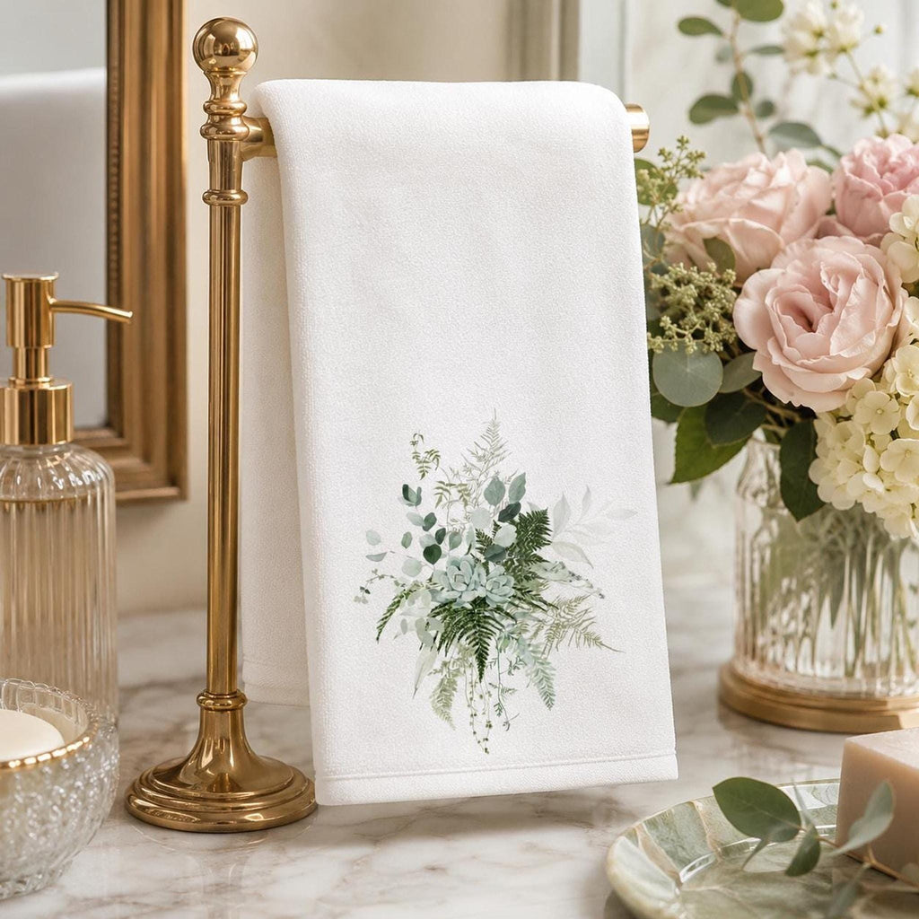 Green Botanical Fingertip Towel, 11 x 18 Inch, Cotton Terrycloth Back