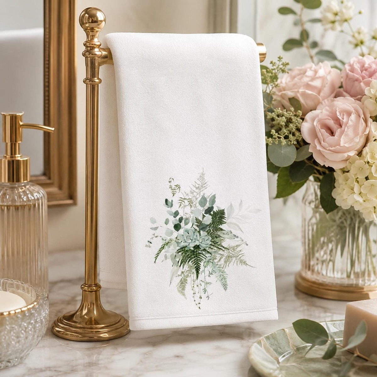 Green Botanical Fingertip Towel, 11 x 18 Inch, Cotton Terrycloth Back